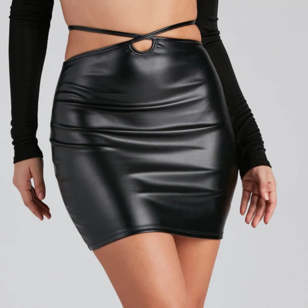 Brand New Black Tie Leather Mini Skirt
